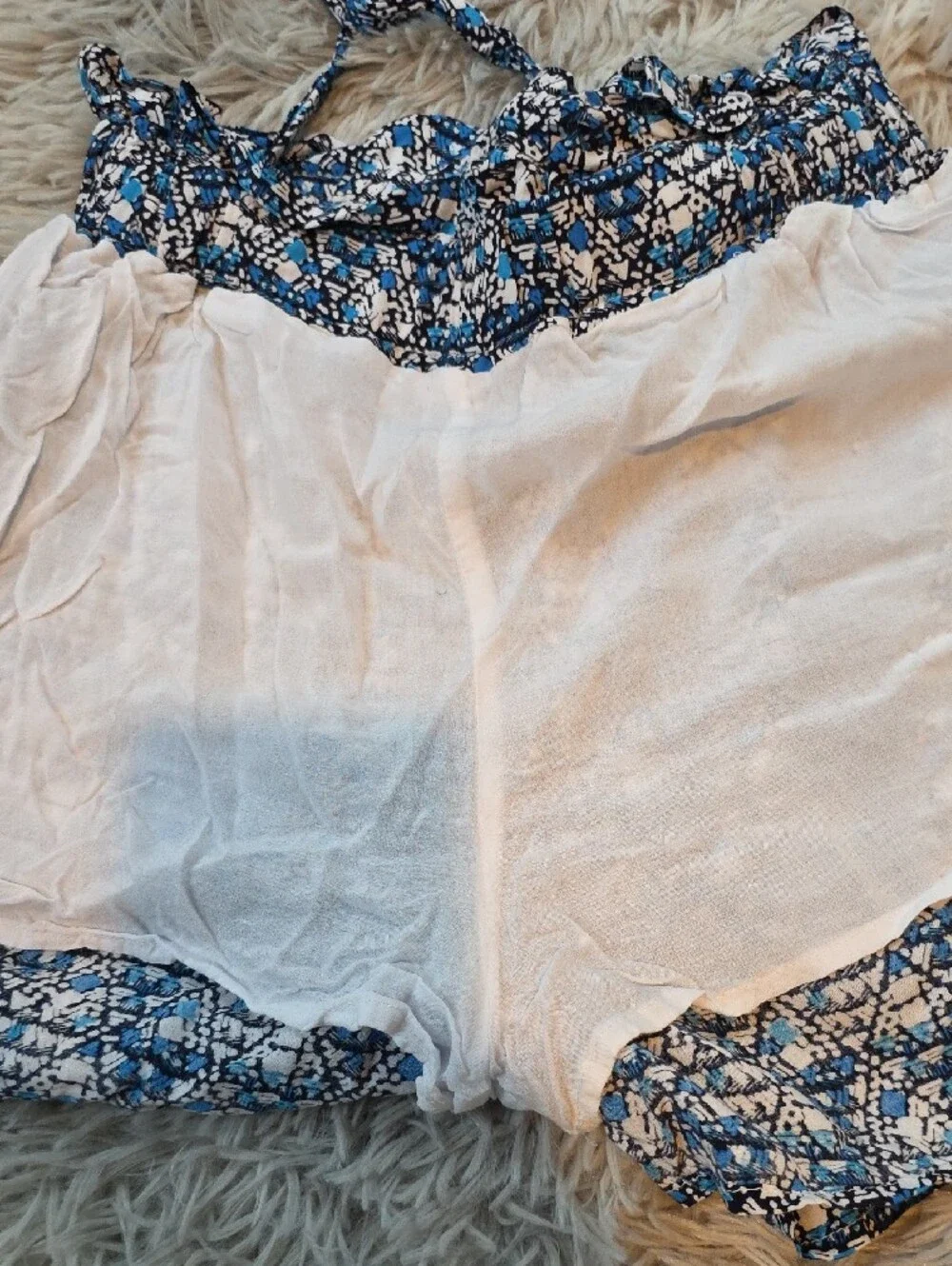 Blue Rain Blue and White Printed Elastic Waist Cargo Shorts